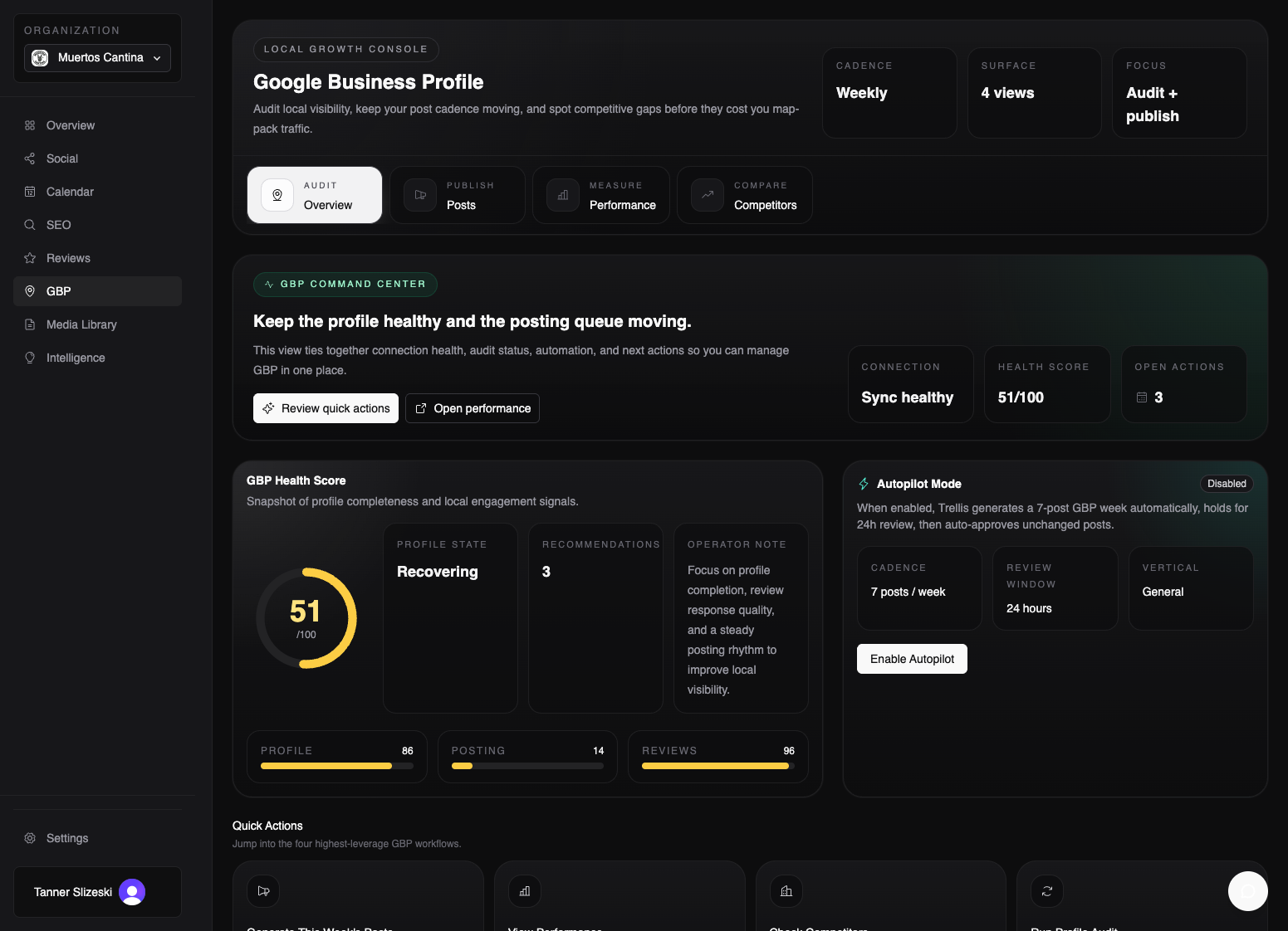 Trellis GBP showing health score and autopilot